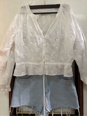 Outerknown White Eyelet Embroidered Button-Front Peplum Blouse